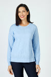 Metric Linen Front Seam Side Slit Sweater in Light Denim.  Cotton/linen slub knit.  Crew neck with long sleeves.  Raised center seams front and back.  Rib trim at neck,hem and cuffs.  Side slits. High low hem.  Relaxed fit._t_59972002283886