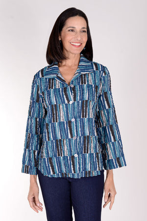 Habitat Pucker Retro Swing Shirt in Teal.  Brush stroke print in shades of teal, black and off white.  Pointed collar button down shirt with 3/4 wide sleeve.  Curved hem.  Relaxed fit._34378172924104