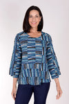 Habitat Pucker Seam Pullover in Teal.  Miniature brush stroke pattern in shades of teal, and black and off white.  Pieced construction with off center seaming front and back with horizontal inset panels.  Step hem front and back. 3/4 sleeve with step hem.  Crew neck.  Boxy fit._t_34378103423176