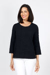 Habitat Pucker Mixed Seams Top in Black. Puckered crew neck 3/4 sleeve top with pieced front with mixed seam detail. Relaxed fit._t_35322672545992