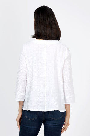 Habitat Pucker Mixed Seams Top in White. Puckered crew neck 3/4 sleeve top with pieced front with mixed seam detail. Relaxed fit._35322672578760