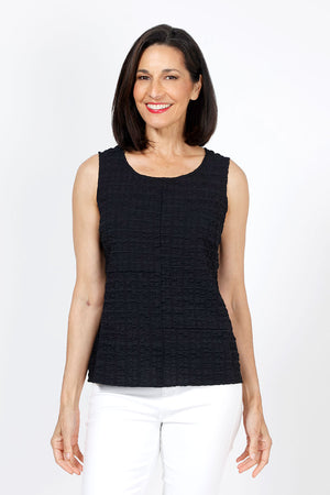 Habitat Pucker Lapped Seam Tank in Black. Crew neck sleevess top with front pieced construction and lapped seam detail. Pucker fabric. Relaxed fit._35322887143624