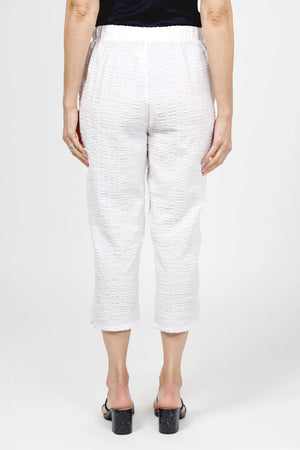 Habitat Pucker Capri in White. Pull on pant with 1 1/2" front flat waistband and elastic back. No pockets. Relaxed through hip and thigh; straight to hem. 22" inseam._35123233489096