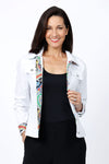 Frederique Denim Medallions Scarf jacket in White.  Jean jacket styling with bright multicolored scarf lining button placket and cuff.  Scarf inset in back.  Classic fit._t_34815297683656