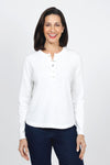 Lisa Todd Patch Magic Sweater in White.  Cotton knit crew neck with 5 button front placket.  Long sleeves.  Heart patches with hand embroidery at elbows.  Curved hem.  Classic fit._t_35110323454152
