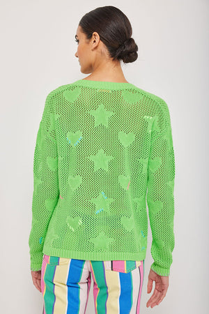 Lisa Todd Super Stars Sweater in Lime Crush. V neck open weave sweater with solid intarsia hearts and stars. Long sleeves Drop shoulder. Hand embroidered detail. Classic fit._35110375620808