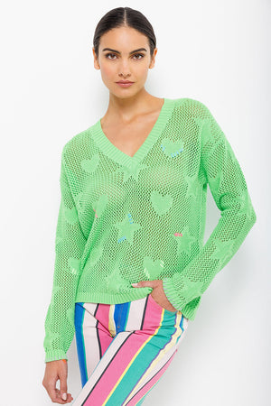 Lisa Todd Super Stars Sweater in Lime Crush.  V neck open weave sweater with solid intarsia hearts and stars.  Long sleeves  Drop shoulder.  Hand embroidered detail.  Classic fit._35110375555272