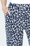 Lisette L Montreal Dot Jacquard Wide Leg Pant in Navy with white dots.  Textured jacquard pull on pant with 1 1/2" stretch waistband.  2 front slash pockets.  Snug through stomach and hip, falls straight through leg.  Wide leg. 30" inseam._t_59950026555758