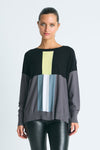 Planet Freeway Sweater in Multi.  Black, gray, vapor, white and yellow mix of color block and geometric shapes.  Crew neck long sleeve sweater with dropped shoulders.  Plain back.  Rib trim at neck, hem and cuff.  High low hem.  Side slits.  One size fits many.  Oversized fit._t_61012375765358