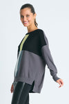 Planet Freeway Sweater in Multi.  Black, gray, vapor, white and yellow mix of color block and geometric shapes.  Crew neck long sleeve sweater with dropped shoulders.  Plain back.  Rib trim at neck, hem and cuff.  High low hem.  Side slits.  One size fits many.  Oversized fit._t_61012375798126