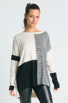 Planet Mod Graphic Sweater in Stone and Black.  Crew neck color black and striped sweater with long sleeves and dropped shoulders.  High Low hem.  Side slits.  Rib trim a neck, hem and cuff.  One size fits many.  Oversized fit._t_61012120535406