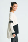 Planet Mod Graphic Sweater in Stone and Black.  Crew neck color black and striped sweater with long sleeves and dropped shoulders.  High Low hem.  Side slits.  Rib trim a neck, hem and cuff.  One size fits many.  Oversized fit._t_61012120568174