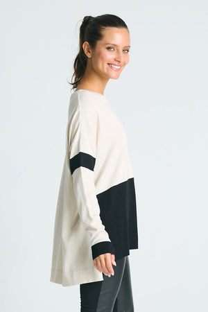Planet Mod Graphic Sweater in Stone and Black.  Crew neck color black and striped sweater with long sleeves and dropped shoulders.  High Low hem.  Side slits.  Rib trim a neck, hem and cuff.  One size fits many.  Oversized fit._61012120568174
