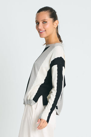 Planet Ric Rac Sweater in Black/Titanium/Stone. Slightly cropped pima cotton/modal knit with long sleeves and dropped shoulders.  Vertical striping with wavy edges.  Solid rib trim at neck and hem.  Side slits.  One size fits many.  Slightly oversized fit._61012428063086