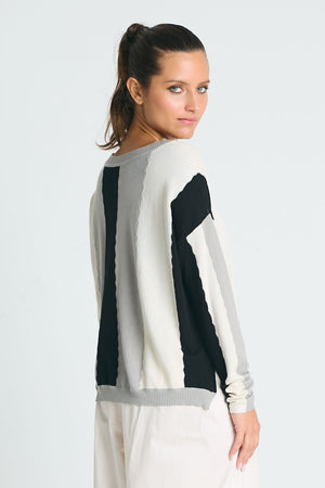 Planet Ric Rac Sweater in Black/Titanium/Stone. Slightly cropped pima cotton/modal knit with long sleeves and dropped shoulders.  Vertical striping with wavy edges.  Solid rib trim at neck and hem.  Side slits.  One size fits many.  Slightly oversized fit._61012428030318