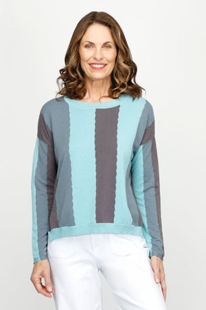 Planet Ric Rac Sweater in Lava/Haze/Vapor.  Slightly cropped pima cotton/modal knit with long sleeves and dropped shoulders.  Vertical striping with wavy edges.  Solid rib trim at neck and hem.  Side slits.  One size fits many.  Slightly oversized fit._61012413415790