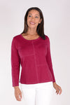 Habitat Pebble Coverstitch Top in Cranberry. Crew neck relaxed fit top with loose long sleeves. Pieced construction front and back with coverstitch seams._t_34357615001800