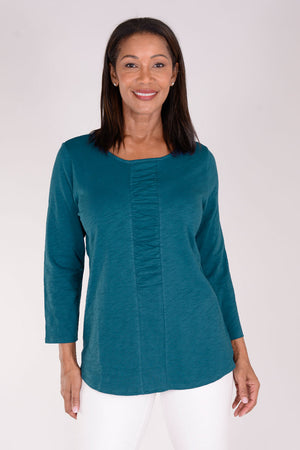 Habitat Pebble Ruched Shirt in Baltic, a blue green.  Crew neck 3/4 sleeve top with ruched detail down center front.  Pebble cotton.  Relaxed fit._34314767466696