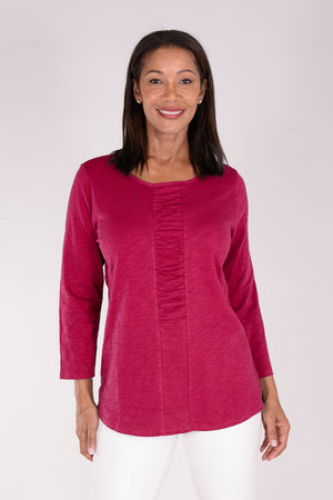 Habitat Pebble Ruched Shirt in Cranberry. Crew neck 3/4 sleeve top with ruched detail down center front. Pebble cotton. Relaxed fit._34357618475208