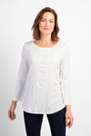 Habitat Pebble Ruched Shirt in White. Crew neck 3/4 sleeve top with ruched detail down center front. Pebble cotton. Relaxed fit._t_34314767499464