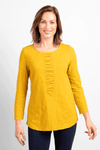 Habitat Pebble Ruched Shirt in Dijon, a mustard yellow. Crew neck 3/4 sleeve top with ruched detail down center front. Pebble cotton. Relaxed fit._t_34357618507976