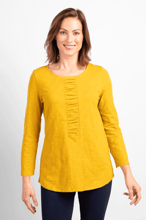 Habitat Pebble Ruched Shirt in Dijon, a mustard yellow. Crew neck 3/4 sleeve top with ruched detail down center front. Pebble cotton. Relaxed fit._34357618507976
