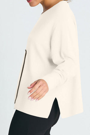 Planet Fine Line Sweater in Stone/Black.  Crew neck long sleeve sweater with dropped shoulder.  Stylized line graphic in front and right sleeve.  Side slits.  Rib trim at neck, hem and cuff.  Oversized fit.  One size fits many._61210290717038