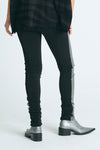 Planet Vegan Leather Sexy Legging in Pewter/Black.  Elastic waist pull on legging.  Front is vegan leather, back half is jersey.  Ruching at bottom._t_61188976148846