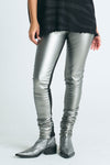 Planet Vegan Leather Sexy Legging in Pewter/Black.  Elastic waist pull on legging.  Front is vegan leather, back half is jersey.  Ruching at bottom._t_61188976116078