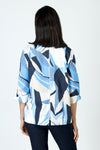 Hinson Wu Xena Abstract Zip Back Blouse in Blue combo.  Abstract shapes in shades of blue, tan and white.  Pointed collar with hidden button placket.  Single gold button exposed at neck.  3/4 sleeve with split turn back cuff.  Zip back with solid navy lining.  Relaxed fit._t_59647641026926