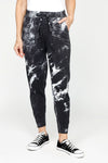 Lolo Luxe Tie Dye Cuffed Jogger in Black.  Cotton screen print tie dye.  Pull on pant with elastic waist and drawstring.  Front pouch pockets with drawstring.  Cuffed rib hem.  28" inseam._t_61430400156014