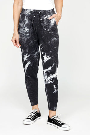 Lolo Luxe Tie Dye Cuffed Jogger in Black.  Cotton screen print tie dye.  Pull on pant with elastic waist and drawstring.  Front pouch pockets with drawstring.  Cuffed rib hem.  28" inseam._61430400156014