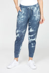 Lolo Luxe Tie Dye Cuffed Jogger in Denim.  Cotton screen print tie dye.  Pull on pant with elastic waist and drawstring.  Front pouch pockets with drawstring.  Cuffed rib hem.  28" inseam._t_61430400254318