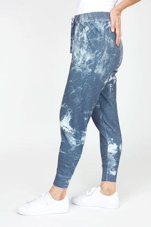 Lolo Luxe Tie Dye Cuffed Jogger in Denim.  Cotton screen print tie dye.  Pull on pant with elastic waist and drawstring.  Front pouch pockets with drawstring.  Cuffed rib hem.  28" inseam._61430400287086