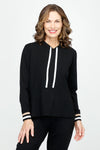 Lolo Luxe Back Zip Hoodie with Contrast Ties in Black.  Pullover with crew neck and attached drawstring hood.  Long sleeves with contrast stripe cuffs. White back zip and ties.  Rib trim at neck and hem.  Side slits.  Relaxed fit._t_61317710217582