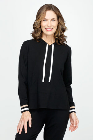 Lolo Luxe Back Zip Hoodie with Contrast Ties in Black.  Pullover with crew neck and attached drawstring hood.  Long sleeves with contrast stripe cuffs. White back zip and ties.  Rib trim at neck and hem.  Side slits.  Relaxed fit._61317710217582