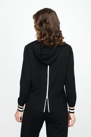 Lolo Luxe Back Zip Hoodie with Contrast Ties in Black.  Pullover with crew neck and attached drawstring hood.  Long sleeves with contrast stripe cuffs. White back zip and ties.  Rib trim at neck and hem.  Side slits.  Relaxed fit._61317710184814