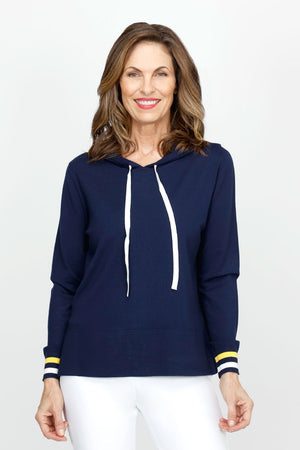 Lolo Luxe Back Zip Hoodie with Contrast Ties in Navy.  Pullover with crew neck and attached drawstring hood.  Long sleeves with contrast stripe cuffs. White back zip and ties.  Rib trim at neck and hem.  Side slits.  Relaxed fit._61333269578094