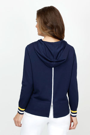 Lolo Luxe Back Zip Hoodie with Contrast Ties in Navy.  Pullover with crew neck and attached drawstring hood.  Long sleeves with contrast stripe cuffs. White back zip and ties.  Rib trim at neck and hem.  Side slits.  Relaxed fit._61333269610862