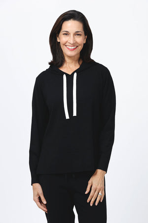 Lolo Luxe Hoodie with Contrast Zipper and Ties in Black.  Knit pullover hoodie with white drawstring at neck.  Crew neck, long sleeves.  Contrast white functional zipper down center back.  Rib trim at cuff and hem.  Relaxed fit._34654742151368