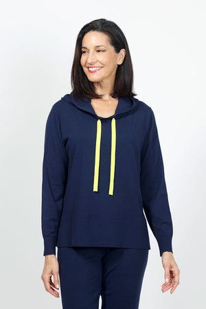 Lolo Luxe Hoodie with Contrast Zipper and Ties in Navy. Knit pullover hoodie with lime drawstring at neck. Crew neck, long sleeves. Contrast lime colored functional zipper down center back. Rib trim at cuff and hem. Relaxed fit._35020404523208