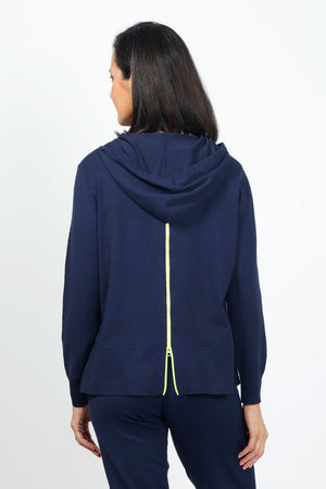 Lolo Luxe Hoodie with Contrast Zipper and Ties in Navy. Knit pullover hoodie with lime drawstring at neck. Crew neck, long sleeves. Contrast lime colored functional zipper down center back. Rib trim at cuff and hem. Relaxed fit._35020404490440