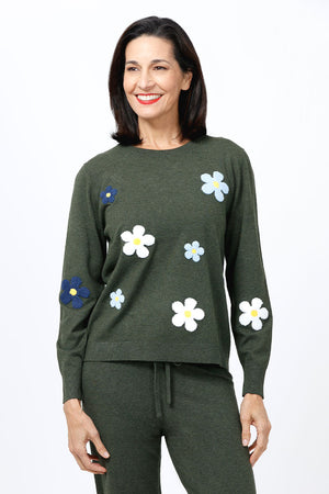 Lolo Luxe Flowers Crew Sweater in Army Green. Crew neck heathered sweater with felted applique crew flowers. Rib trim at neck hem and cuff. Plain back. Relaxed fit._34654884200648