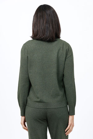 Lolo Luxe Flowers Crew Sweater in Army Green. Crew neck heathered sweater with felted applique crew flowers. Rib trim at neck hem and cuff. Plain back. Relaxed fit._34654884233416