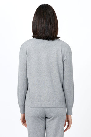 Lolo Luxe Flowers Crew Sweater in Gray. Crew neck heathered sweater with felted applique crew flowers. Rib trim at neck hem and cuff. Plain back. Relaxed fit._34654884266184