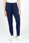 Lolo Luxe Solid Cuffed Jogger in Navy. Knit pant with elastic waist and drawstring. Cuffed bottom. Inseam: 29"_t_35020400754888