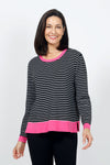Lolo Luxe Stripe Crew Sweater in Black with White stripes.  Crew neck long sleeve sweater with pink rib trim at neck, hem and cuff.  Side slits.  Relaxed fit._t_35014034096328
