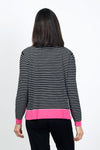 Lolo Luxe Stripe Crew Sweater in Black with White stripes. Crew neck long sleeve sweater with pink rib trim at neck, hem and cuff. Side slits. Relaxed fit._t_35014033899720