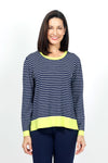 Lolo Luxe Stripe Crew Sweater in Navy with White stripes. Crew neck long sleeve sweater with lime rib trim at neck, hem and cuff. Side slits. Relaxed fit._t_35014033965256