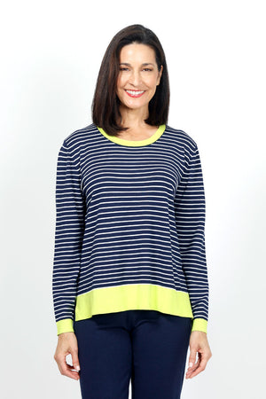 Lolo Luxe Stripe Crew Sweater in Navy with White stripes. Crew neck long sleeve sweater with lime rib trim at neck, hem and cuff. Side slits. Relaxed fit._35014033965256